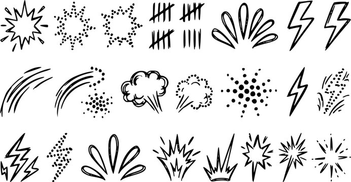 Hand Drawn Doodle Effect Element Set with Lightning Bolt Explosion Burst Splash Cloud Tally Marks Comet and Energy Lines in Black Sketch Style Isolated on White for Comic and Graphic Design