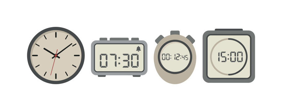Collection of four different timekeeping devices including analog and digital clocks