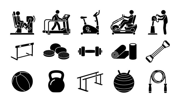 Gym equipment icons set, fitness workout silhouettes, 15 black vector pictograms for exercise and sports training