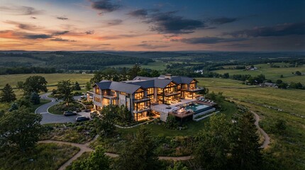 Naklejka premium Large mansion illuminated at dusk on hillside estate