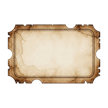Vintage blank paper ticket frame with decorative edges and aged texture isolated on a transparent background