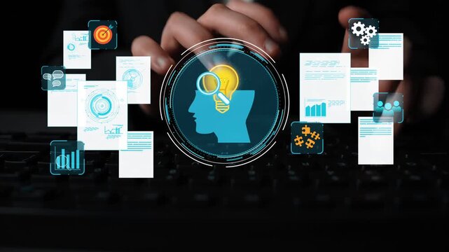Professional hands typing on keyboard with data analytics graphics and a light bulb symbolizing innovative thinking and research concept in a digital environment. Entropy.
