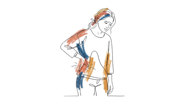 Continuous Line Art Woman with Lower Back Pain Touching Her Back, Healthcare Vector Illustration
