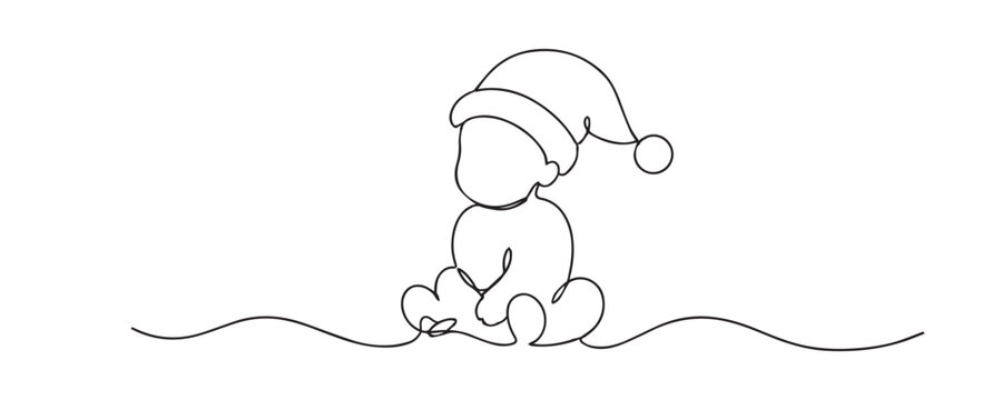 Single line drawing of a baby wearing a Santa hat. Continuous line drawing showing a cute infant in festive Christmas headwear, symbolizing holiday joy and childhood celebration.