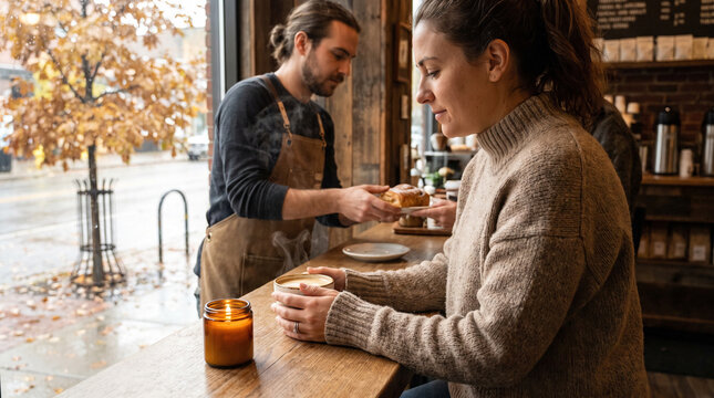 Barista serving food to woman in cozy caf&eacute; during autumn afternoon  