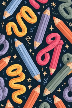 Colorful handdrawn pencil pattern with playful swirls on dark background