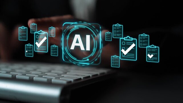 Hands Typing on Keyboard with Interactive AI Technology Icons and Digital Checklists Representing Modern Data Management Solutions. Entropy.