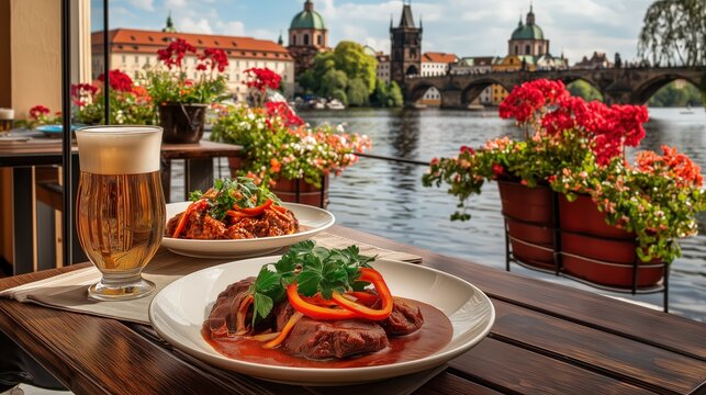 traditional Czech beef goulash, Czech pilsner, spectacular view across the Vltava River toward Prague's historic architecture 