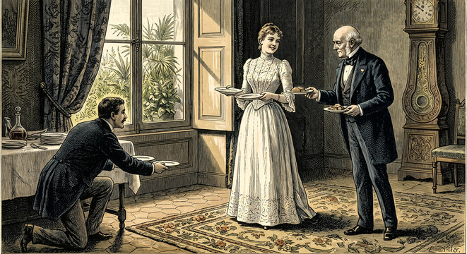 Vintage Victorian illustration of domestic life, antique lithograph of 19th century social scene, historical family interior art