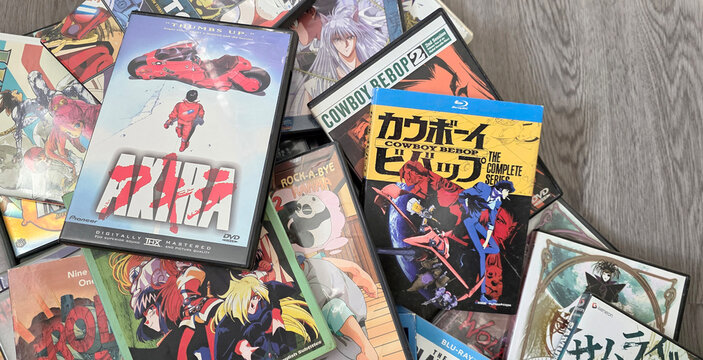 piles of classic anime movie and tv show dvd cases including Akira. Slayers, and Cowboy Bebop on a gray wood surface, August 25, 2026 Schaumburg, IL