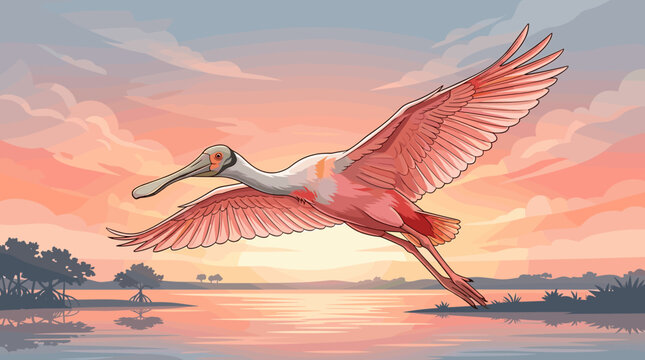 Roseate spoonbill bird in flight over water at sunset with colorful sky