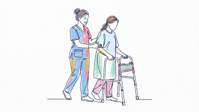 Continuous Line Art Female Nurse Helping Female Patient Walk, Healthcare Support Vector Illustration