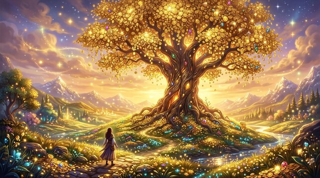 Figure standing before golden tree in grassy valley