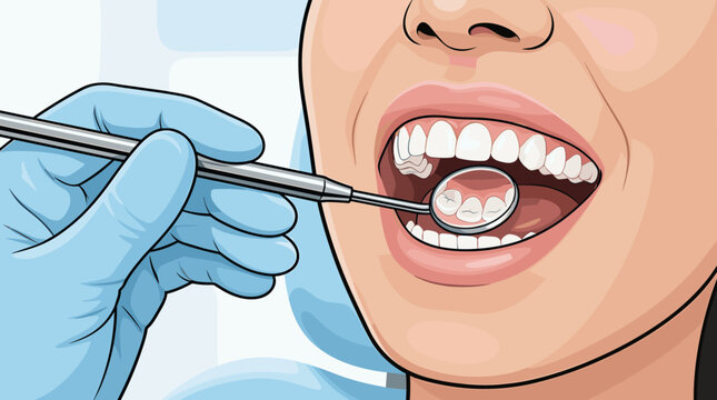 Dentist using mirror to examine patient's teeth and gums during checkup