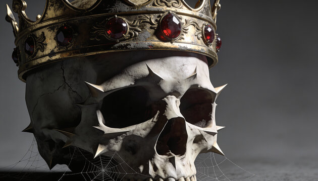 Human skull wearing gold crown with red rubies. Spiked bone texture and spider webs. Concept of fallen royalty and dark gothic fantasy.