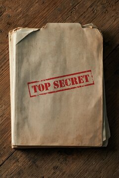 Vintage top secret folder with red stamp on wooden surface