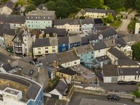 Aerial view of the historic town center featuring colorful buildings, traditional rooftops, and narrow streets in Mallow, County Cork, Ireland.