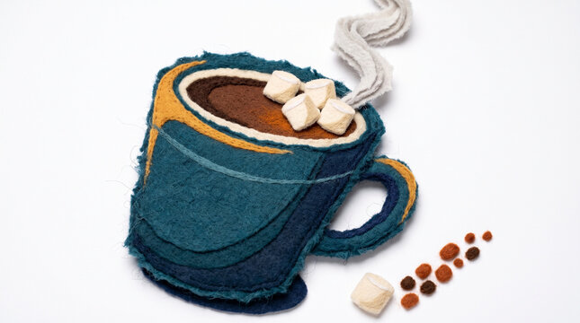 Felt cup of hot chocolate with marshmallows and chocolate sprinkles  