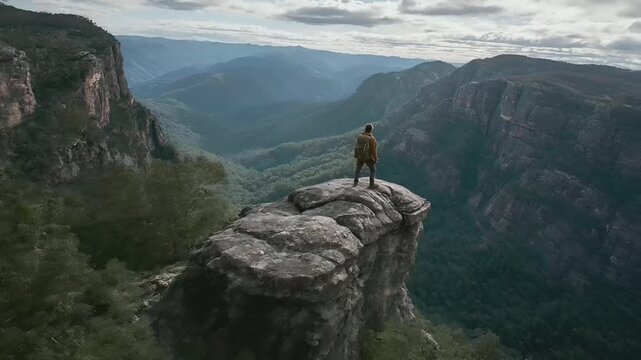 A vivid portrayal of a hiker standing atop a rugged cliff, overlooking a vast valley below. The hiker, wearing a brown jacket and carrying a backpack, stands contemplatively, gazing out over the.