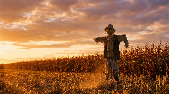 Traditional scarecrow in cornfield at golden sunset with dramatic overcast sky and copy space