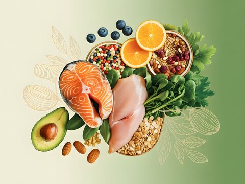 Healthy food selection with salmon fish chicken breast avocado and berries