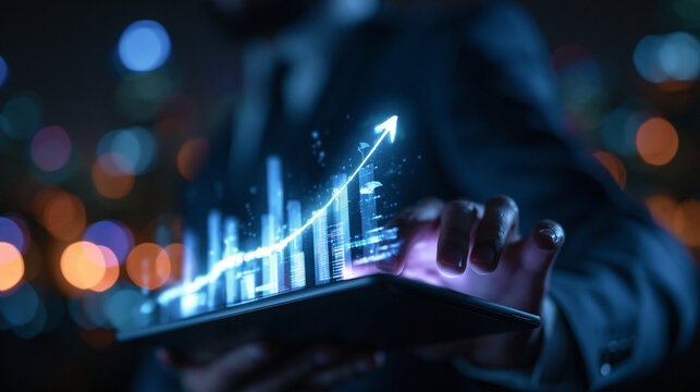 Businessman Holding Digital Tablet with Glowing Growth Chart