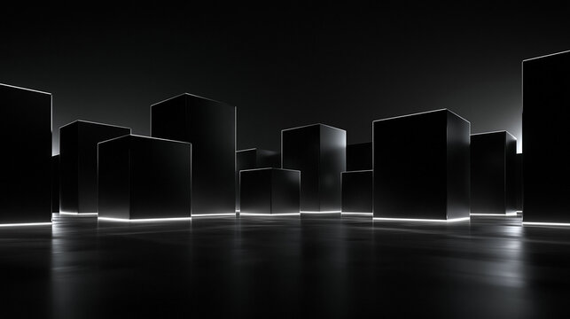 Futuristic Abstract Black Cubes with Glowing Neon Outlines
