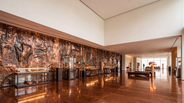 Modern Art Gallery Interior with Sculptures and Textured Wall