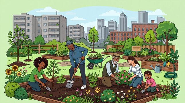 Diverse People Working Together in Urban Community Garden