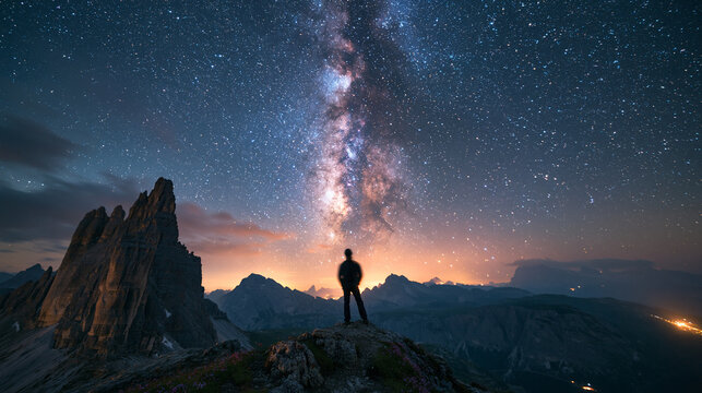Silhouette of Man on Mountain Peak Under Milky Way