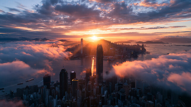 Aerial View of Hong Kong Skyline Above Clouds at Sunrise