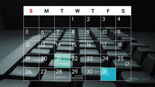 Modern calendar overlay on a computer keyboard for productivity planning and organization inspiration with colorful highlight features. Entropy.