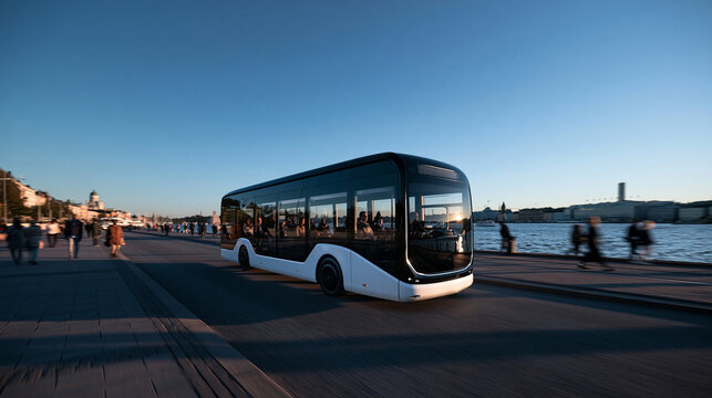 Modern Autonomous Electric Bus Driving along City Waterfront