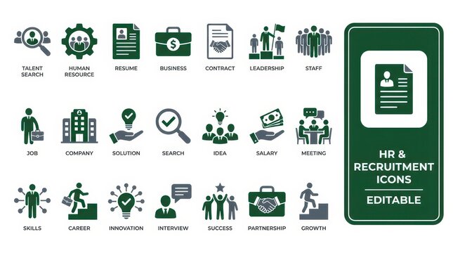 Human resources and recruitment vector icon collection, professional business communication symbols for corporate branding, employment, hiring and workplace design projects