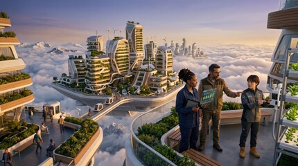 Naklejka premium Diverse engineers analyzing smart agriculture systems in futuristic eco city floating above clouds. Concept of green technology, future architecture. Copy space.