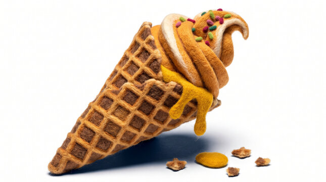 Pumpkin spice ice cream cone with sprinkles dripping on a white background  