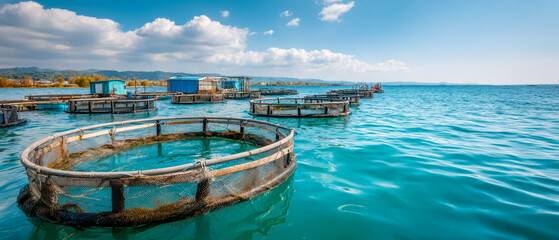 Fototapeta premium Fish farming takes place in floating cages at a body of water under a clear sky