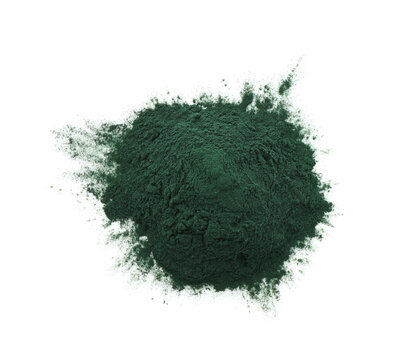 Pile of natural spirulina powder isolated on white, top view