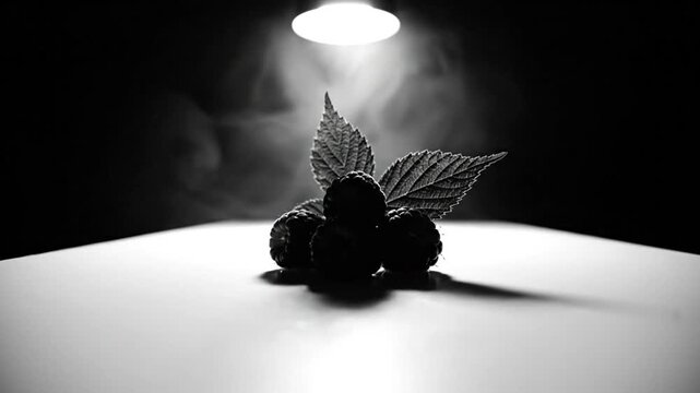 Dramatic studio shot of blackberries arranged with leaves on a white surface with spotlight and smoke effect background.