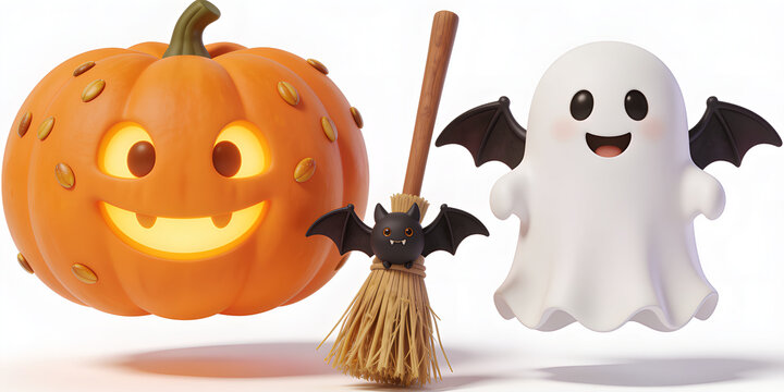 Halloween character set. Features glowing jack o lantern pumpkin, smiling ghost with wings, and a witch broom with a small bat. 3D render on white.