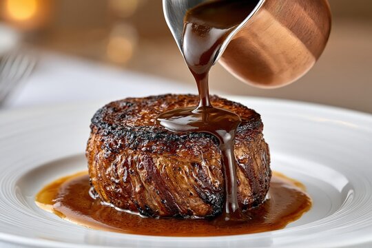 Juicy beef steak pouring gravy sauce gourmet dinner appetizing meal