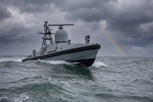 Military patrol boat sailing rough sea with dramatic stormy sky