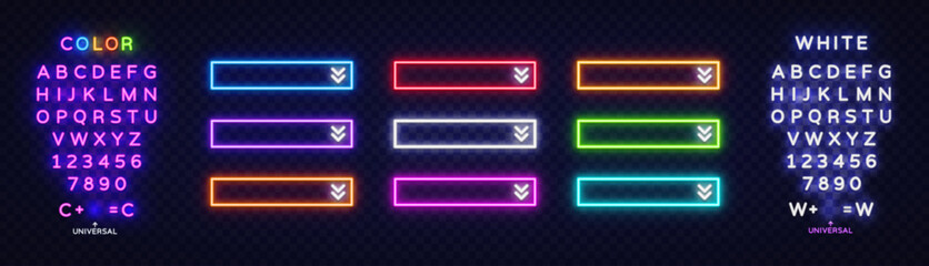 Obraz premium Set of neon rectangular buttons with chevron arrows, paired with editable color and white alphabet on dark background. Glowing UI elements for website, game or app.
