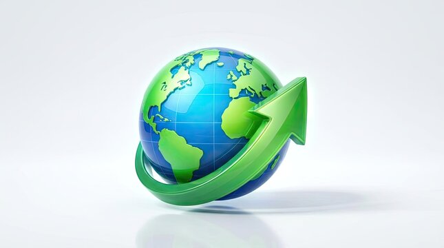 3D earth globe with green growth arrow on white background