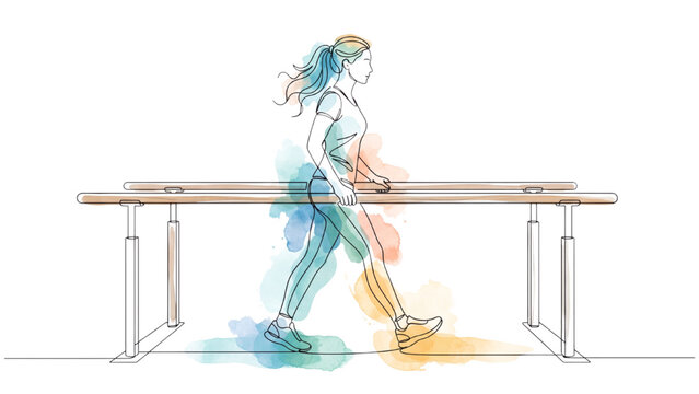 Continuous Line Art Woman Performing Physical Therapy Exercises on Parallel Bars, Rehabilitation Vector Illustration
