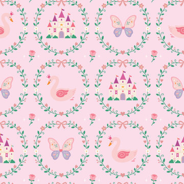 Fairytale Wreath Seamless Pattern &ndash; Princess Castle, Swan & Butterfly Floral Repeat