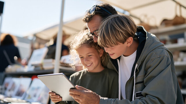 Scout troop leader close up of weathered hands guiding a ten year old through tablet navigation skills at a vibrant outdoor market stall, shelves of handmade goods visible behind