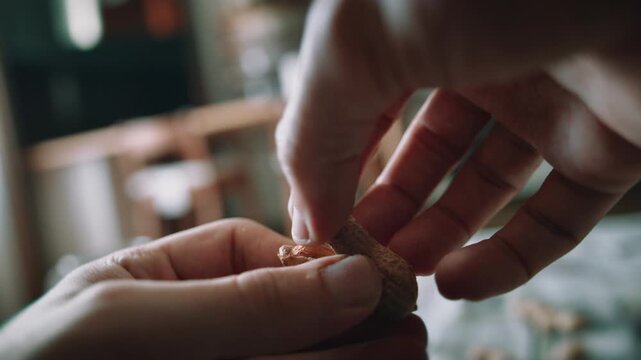 Close Up of Hands Cracking and Peeling a Fresh Peanut, Removing the Shell by Hand at Home