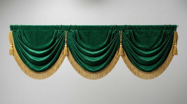 Elegant green velvet curtain valance with gold fringe, luxurious window treatment isolated on white background for interior decoration and classic home decor