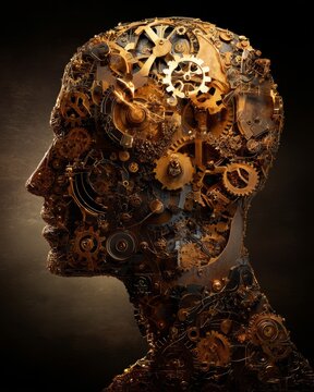 Mechanical human head profile made of golden gears and clockwork. Artificial intelligence and brain mechanism concept. Futuristic steampunk engineering and innovation technology